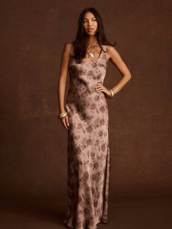 12th Tribe Dresses & Skirts - 12th Tribe Orion Mocha Floral Satin Maxi Dress Size MM